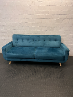 3 Seater Teal Blue Tufted Couch with Wooden Legs — Very Good Condition