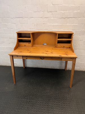 Pine Wood Office Desk with Hutch and Drawers — Fair Condition with Minor Scratches