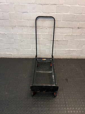 Black Metal Platform Trolley with Mesh Base — Fair Used Condition with Visible Wear