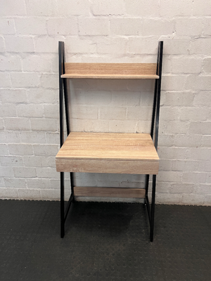 Oak Finish Ladder Desk with Metal Frame and Shelf — Slight Wear on Top Shelf Underside