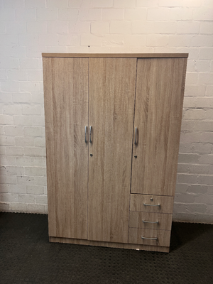 Light Brown 3-Door Wardrobe with 3 Drawers — No back board