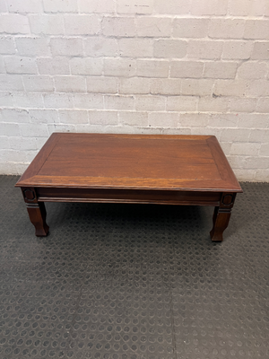Classic Rectangular Wooden Coffee Table with Carved Legs — Fair Used Condition with Surface Wear