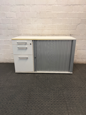 White and Silver Office Credenza with Roller Door — Good Working Order