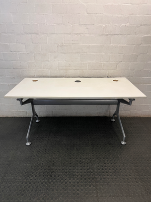 Modern White Office Desk with Grey Metal Base — Good Working Order