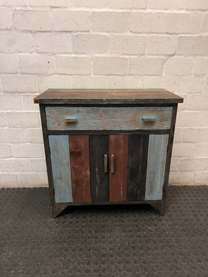 Rustic Multi-Coloured Wooden Sideboard Cabinet — Worn Vintage Finish with Visible Chips