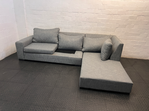 Grey Textured Fabric L-Shape Couch with Chaise — Missing Seat Cushion