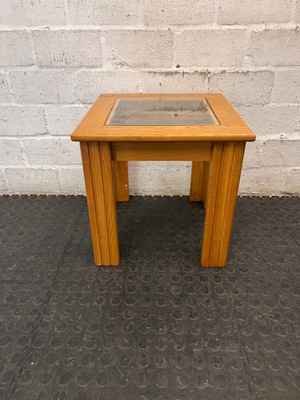 Oak-Toned Side Table with Inset Glass Top — Very Good Condition