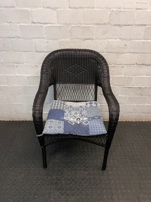Dark Wicker Armchair with Patterned Cushion - 2ndhandwarehouse.com