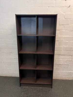 Dark Wood-Grain Laminate 8-Cubby Bookshelf — Good Working Order
