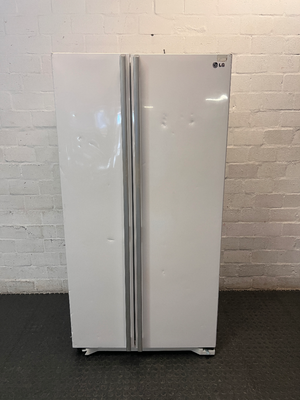White LG Side-by-Side Fridge Freezer — Good Working Order with Dents on Doors