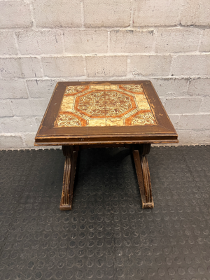 Vintage-Style Tiled Top Wooden Side Table — Significant Surface Wear and Scuffing