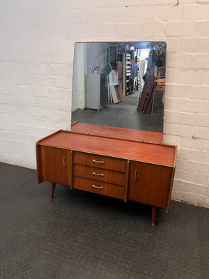 Mid-Century Style Wooden Dressing Table with Large Mirror — Worn Condition Throughout