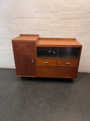 Tiered Wooden Sideboard with Glass Display Cabinet — Well Used with Visible Wear