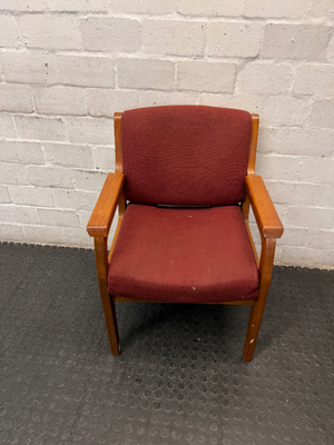 Red Fabric and Wood Office Chair — Well Used with Visible Wear and Scuffs