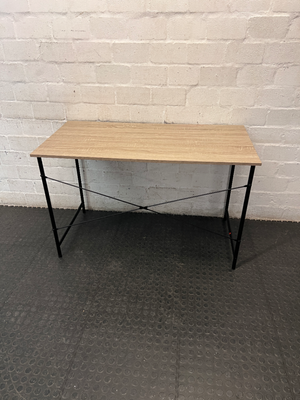Light Brown Minimalist Writing Desk with Metal Frame — Good Working Order
