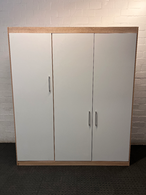 3-Door White and Light Wood Wardrobe — Good Profile and Condition