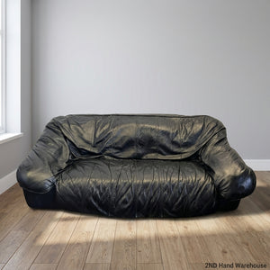 Classic Black Leather 2-Seater Sofa - Fair used