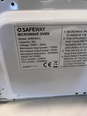 Safeway 20L Microwave - Good Condition with Minor Rear Dent - 2ndhandwarehouse.com