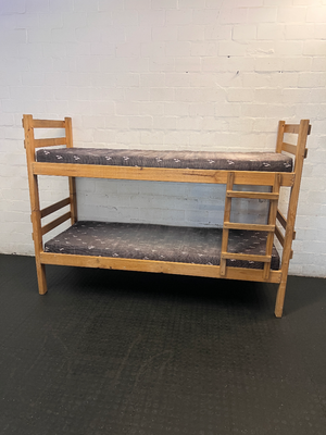 Oak-Coloured Wooden Bunk Bed with Ladder & 2 Mattresses - 2ndhandwarehouse.com
