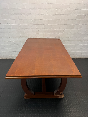Brown Timber Dining Set with 6 Upholstered Chairs — Damaged Chair Seats and Stained Sideboard Top - 2ndhandwarehouse.com