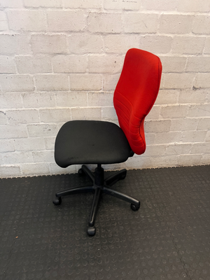 Red and Black Armless Swivel Office Chair — Scuffed Arm Rests - 2ndhandwarehouse.com