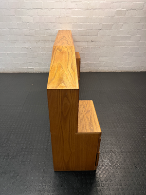 Light Oak Queen Headboard with Pedestals and Shelving — Water Damage on Dressing Table Surface - 2ndhandwarehouse.com