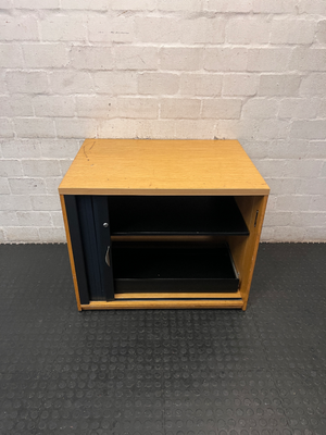 Wood Finish Office Credenza with Black Tambour Door — Good Working Order - 2ndhandwarehouse.com