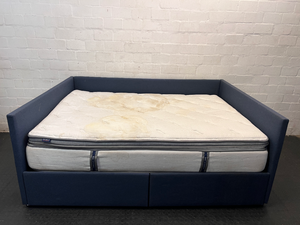 Navy Blue Upholstered Double Daybed with Mattress — Fair Used Condition with Mattress Staining