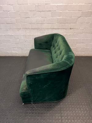 Tufted Green Velvet-Look 2 Seater Couch — Significant Upholstery Wear and Thinning Fabric