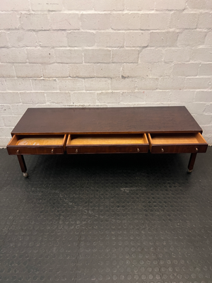 Long Wood Serving Trolley with Drawers and Wheels — Fair Condition with Surface Scratches