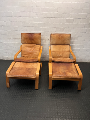 Tan Bentwood Lounge Chair and Footstool — Well Used with Significant Surface Wear