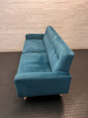 3 Seater Teal Blue Tufted Couch with Wooden Legs — Very Good Condition
