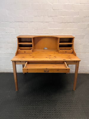 Pine Wood Office Desk with Hutch and Drawers — Fair Condition with Minor Scratches