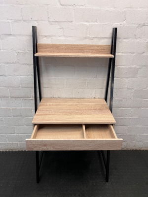 Oak Finish Ladder Desk with Metal Frame and Shelf — Slight Wear on Top Shelf Underside