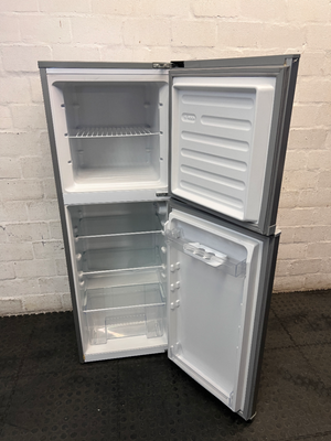 KIC Top-Mount Fridge Freezer in Silver — Working Order with Chipped Door Shelf