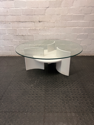 Round Glass Coffee Table with Designer White Base — Well Used Condition