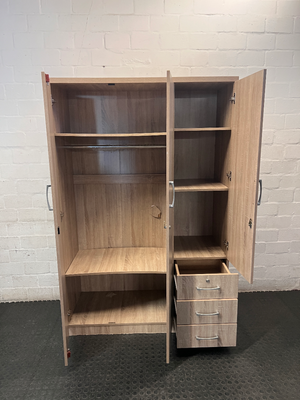 Light Brown 3-Door Wardrobe with 3 Drawers — No back board
