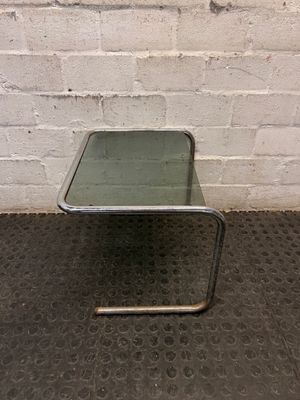 Glass Top Cantilever Side Table with Silver Frame — Well Used with Visible Wear