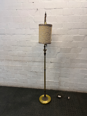 Vintage Double Arch Gold Floor Lamp with Patterned Shades — Well Used Condition