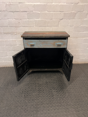 Rustic Multi-Coloured Wooden Sideboard Cabinet — Worn Vintage Finish with Visible Chips