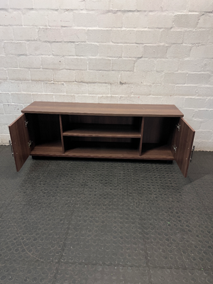 Dark Wood-Look TV Unit with Two Side Cupboards — Fair Condition with Visible Wear