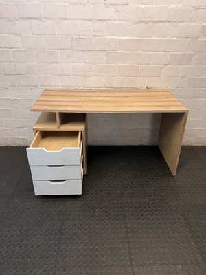 Modern Oak and White Office Desk with Drawers — Used; Fair Condition