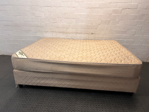 Extra Length Queen Mattress and Base Set in Beige — Fair Condition with Visible Wear