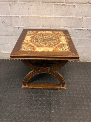 Vintage-Style Tiled Top Wooden Side Table — Significant Surface Wear and Scuffing
