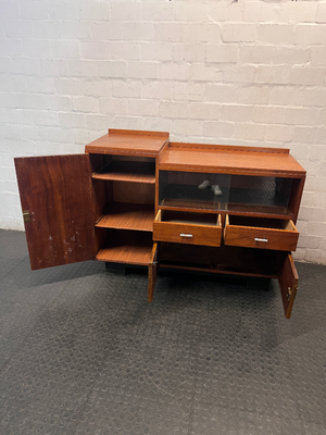 Tiered Wooden Sideboard with Glass Display Cabinet — Well Used with Visible Wear