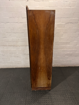 Vintage Dark Wood Two-Door Cupboard — Vintage Condition with Surface Wear and Stickers