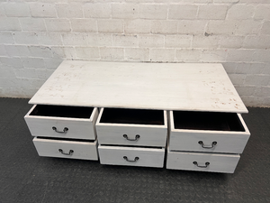 White Wooden Coffee Table with Through-Drawers — Surface Scratches and Missing Handle