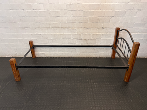 Single Bed Frame with Wood and Arched Metal Headboard - 2ndhandwarehouse.com