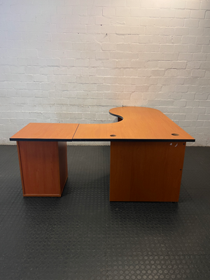 Cherry Wood Finish L-Shaped Desk with Drawers — Missing Drawer Connectors and Panel S - 2ndhandwarehouse.com