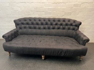 Black Tufted Fabric 3 Seater Couch with Stud Detail — Soiled Upholstery with Extra Cushions